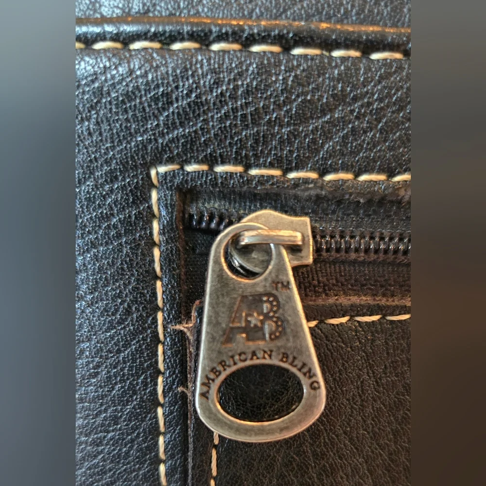 American Bling Western Black Faux Leather Wallet Turquoise Concho‎ Embellishment